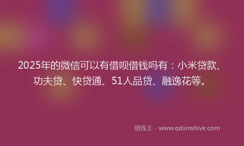 2025年的微信可以有借呗借钱吗有：小米贷款、功夫贷、快贷通、51人品贷、融逸花等。