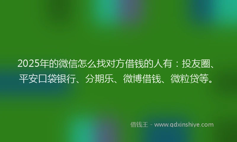 2025年的微信怎么找对方借钱的人有：投友圈、平安口袋银行、分期乐、微博借钱、微粒贷等。