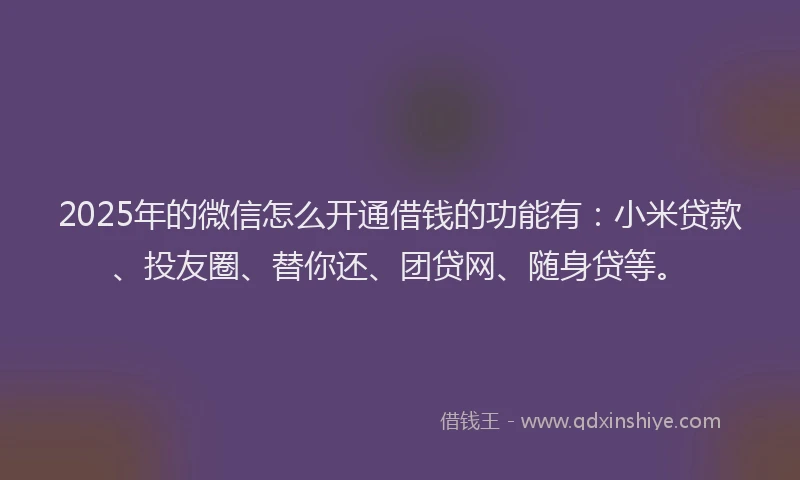 2025年的微信怎么开通借钱的功能有：小米贷款、投友圈、替你还、团贷网、随身贷等。
