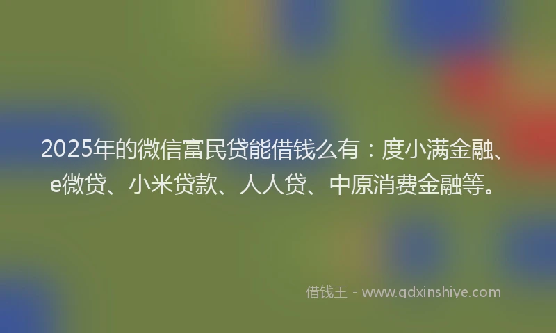 2025年的微信富民贷能借钱么有：度小满金融、e微贷、小米贷款、人人贷、中原消费金融等。