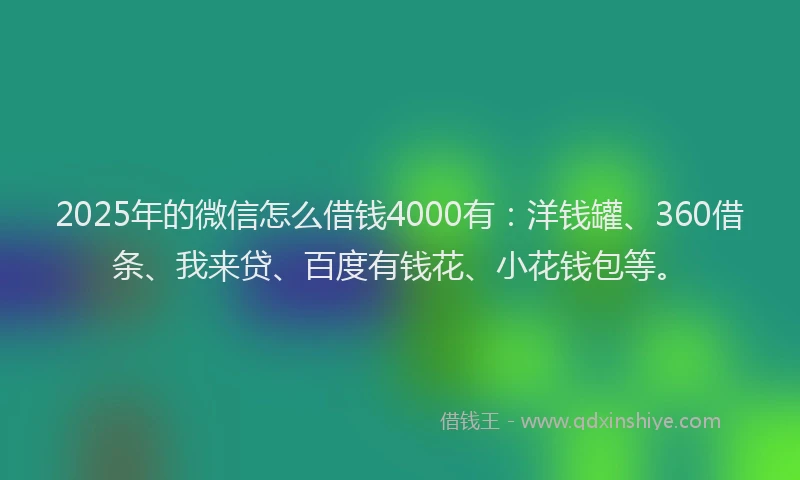 2025年的微信怎么借钱4000有：洋钱罐、360借条、我来贷、百度有钱花、小花钱包等。