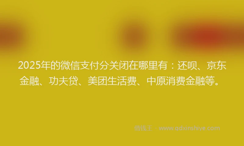 2025年的微信支付分关闭在哪里有：还呗、京东金融、功夫贷、美团生活费、中原消费金融等。