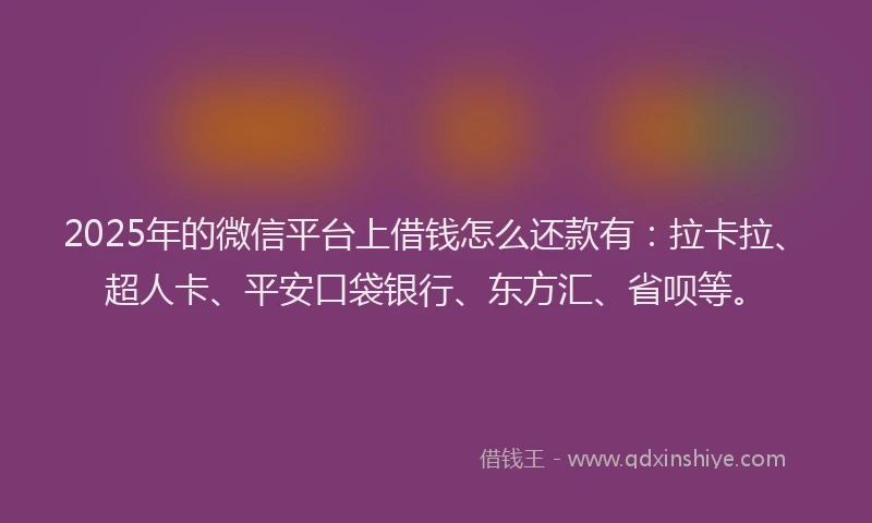 2025年的微信平台上借钱怎么还款有：拉卡拉、超人卡、平安口袋银行、东方汇、省呗等。