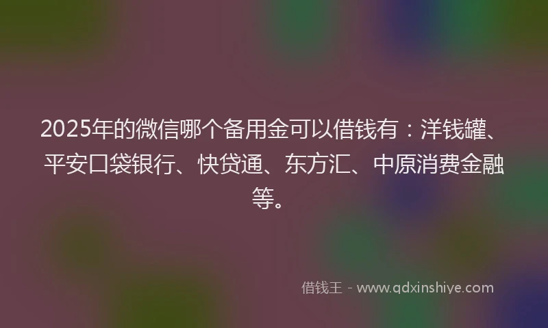 2025年的微信哪个备用金可以借钱有：洋钱罐、平安口袋银行、快贷通、东方汇、中原消费金融等。