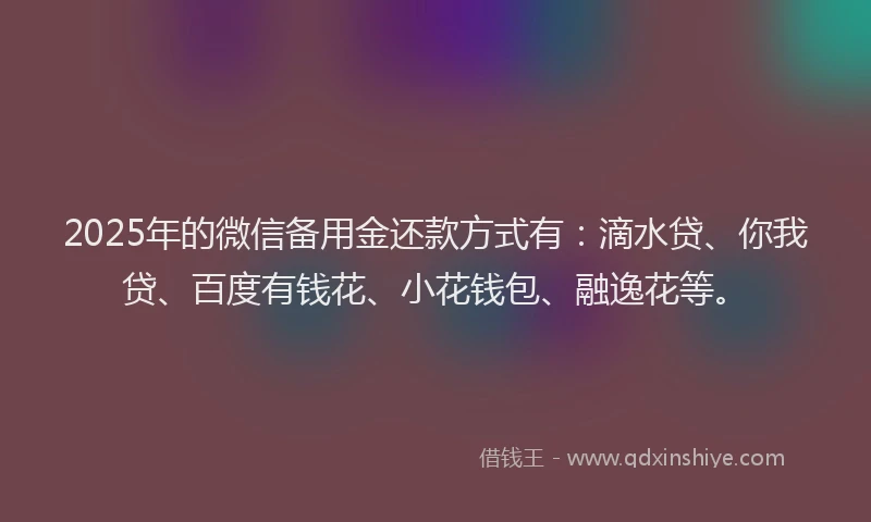 2025年的微信备用金还款方式有：滴水贷、你我贷、百度有钱花、小花钱包、融逸花等。