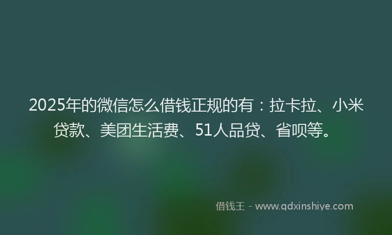 2025年的微信怎么借钱正规的有：拉卡拉、小米贷款、美团生活费、51人品贷、省呗等。