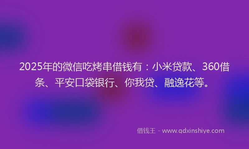 2025年的微信吃烤串借钱有：小米贷款、360借条、平安口袋银行、你我贷、融逸花等。