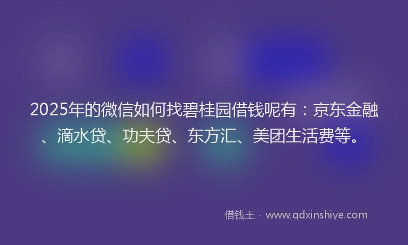 2025年的微信如何找碧桂园借钱呢有：京东金融、滴水贷、功夫贷、东方汇、美团生活费等。