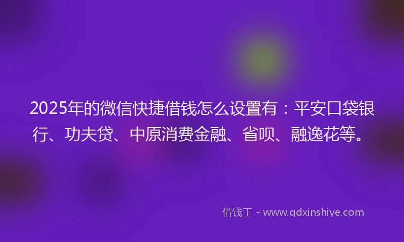 2025年的微信快捷借钱怎么设置有：平安口袋银行、功夫贷、中原消费金融、省呗、融逸花等。