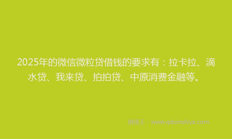2025年的微信微粒贷借钱的要求有：拉卡拉、滴水贷、我来贷、拍拍贷、中原消费金融等。