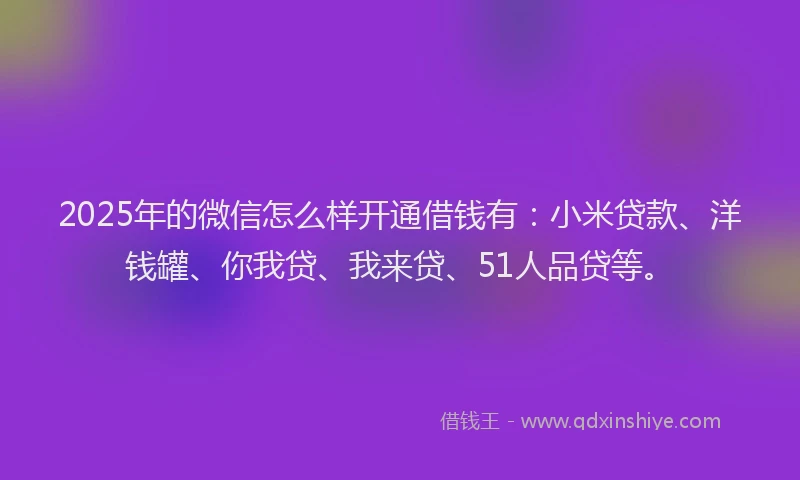 2025年的微信怎么样开通借钱有：小米贷款、洋钱罐、你我贷、我来贷、51人品贷等。