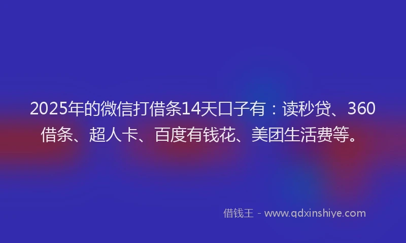 2025年的微信打借条14天口子有：读秒贷、360借条、超人卡、百度有钱花、美团生活费等。