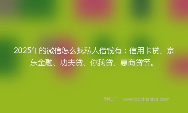 2025年的微信怎么找私人借钱有：信用卡贷、京东金融、功夫贷、你我贷、惠商贷等。