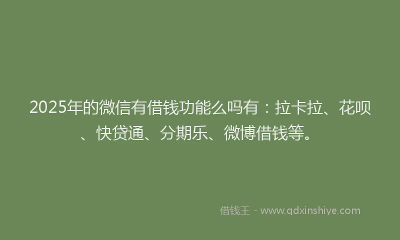 2025年的微信有借钱功能么吗有：拉卡拉、花呗、快贷通、分期乐、微博借钱等。
