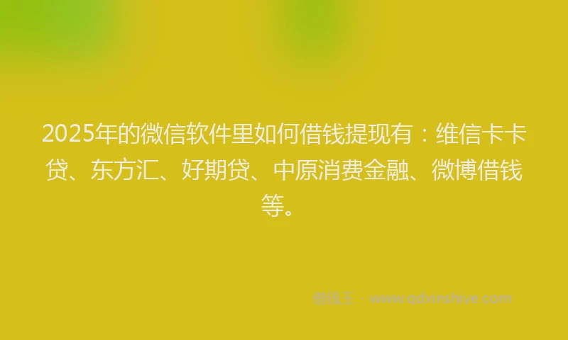 2025年的微信软件里如何借钱提现有：维信卡卡贷、东方汇、好期贷、中原消费金融、微博借钱等。