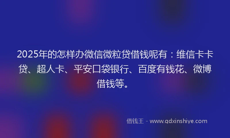 2025年的怎样办微信微粒贷借钱呢有：维信卡卡贷、超人卡、平安口袋银行、百度有钱花、微博借钱等。