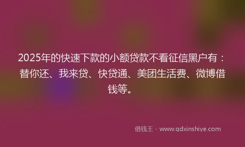 2025年的快速下款的小额贷款不看征信黑户有：替你还、我来贷、快贷通、美团生活费、微博借钱等。