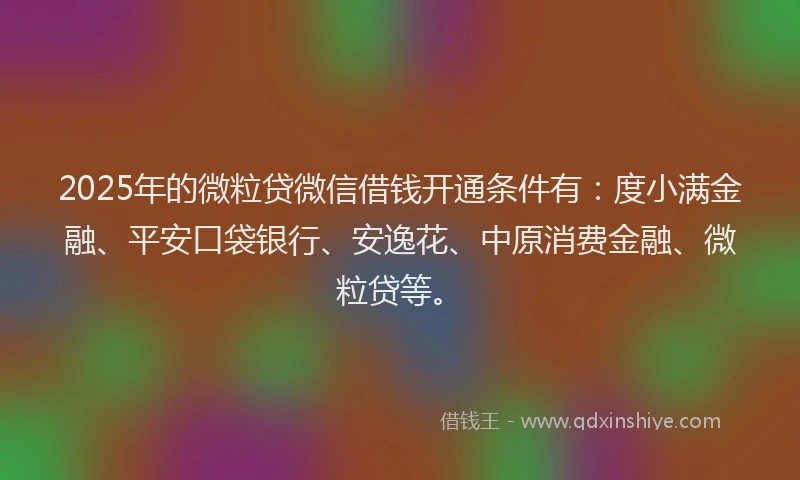 2025年的微粒贷微信借钱开通条件有：度小满金融、平安口袋银行、安逸花、中原消费金融、微粒贷等。