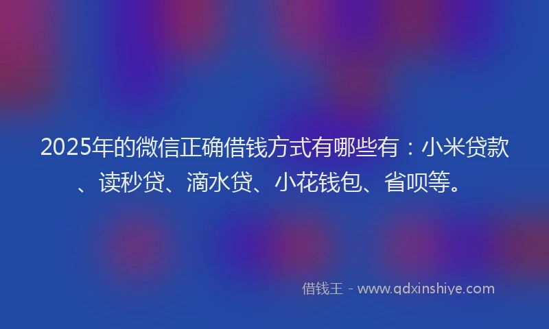 2025年的微信正确借钱方式有哪些有：小米贷款、读秒贷、滴水贷、小花钱包、省呗等。