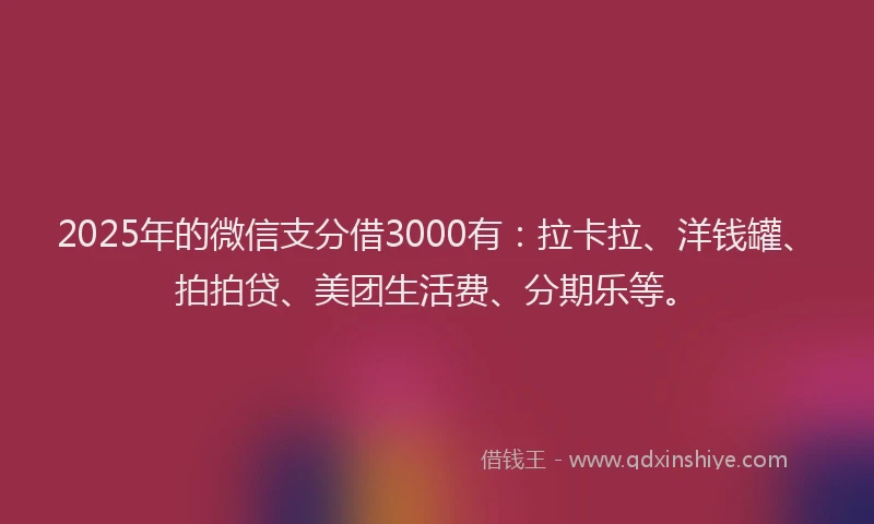 2025年的微信支分借3000有：拉卡拉、洋钱罐、拍拍贷、美团生活费、分期乐等。