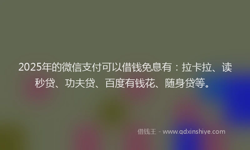 2025年的微信支付可以借钱免息有：拉卡拉、读秒贷、功夫贷、百度有钱花、随身贷等。