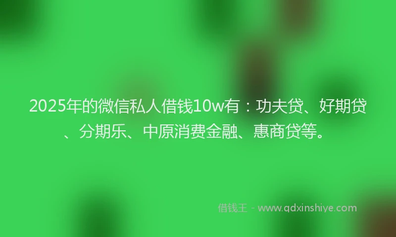 2025年的微信私人借钱10w有：功夫贷、好期贷、分期乐、中原消费金融、惠商贷等。