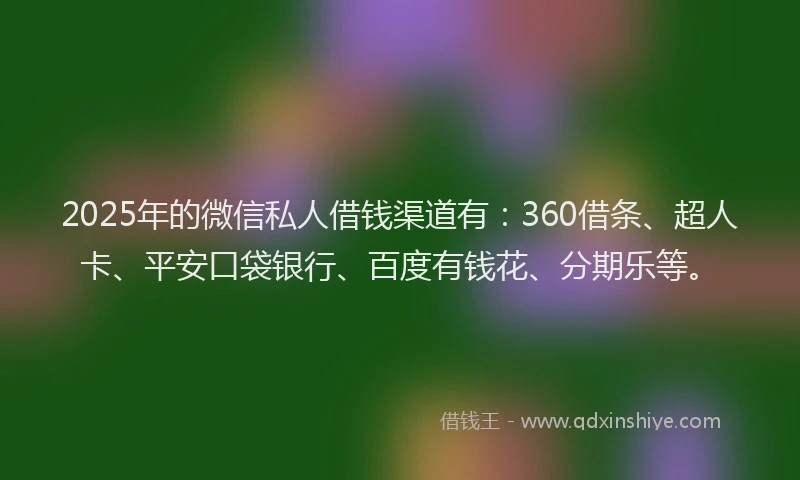 2025年的微信私人借钱渠道有：360借条、超人卡、平安口袋银行、百度有钱花、分期乐等。