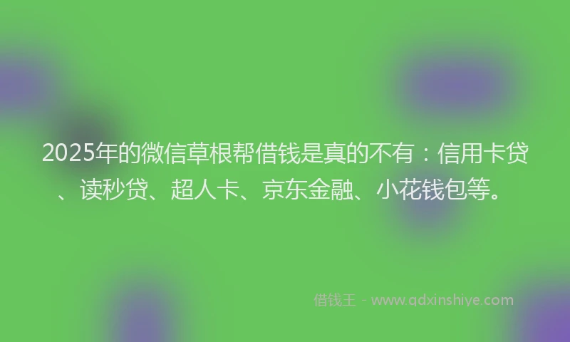 2025年的微信草根帮借钱是真的不有：信用卡贷、读秒贷、超人卡、京东金融、小花钱包等。