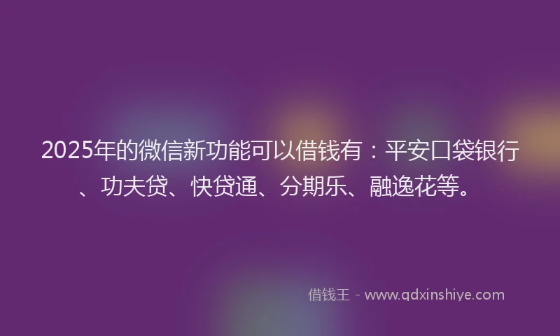 2025年的微信新功能可以借钱有：平安口袋银行、功夫贷、快贷通、分期乐、融逸花等。