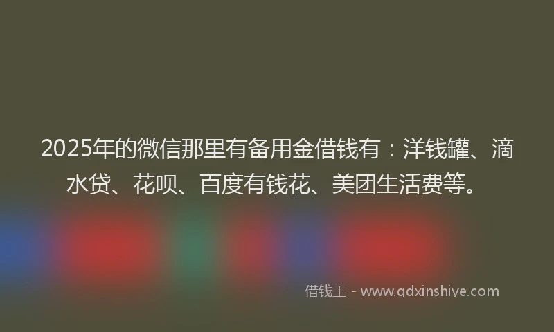 2025年的微信那里有备用金借钱有：洋钱罐、滴水贷、花呗、百度有钱花、美团生活费等。