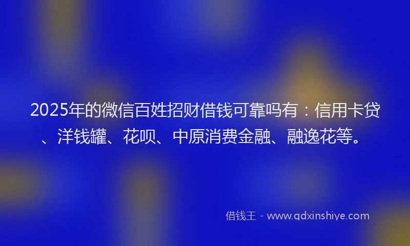 2025年的微信百姓招财借钱可靠吗有：信用卡贷、洋钱罐、花呗、中原消费金融、融逸花等。