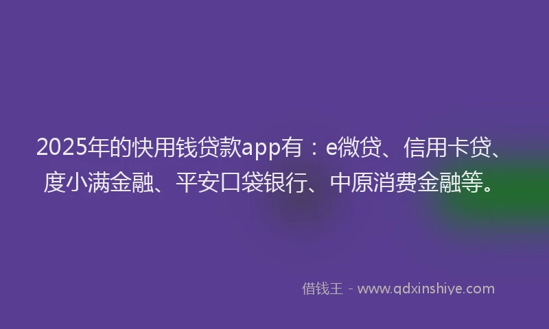 2025年的快用钱贷款app有：e微贷、信用卡贷、度小满金融、平安口袋银行、中原消费金融等。