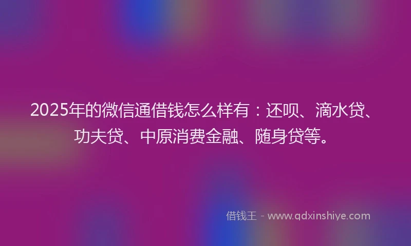 2025年的微信通借钱怎么样有：还呗、滴水贷、功夫贷、中原消费金融、随身贷等。