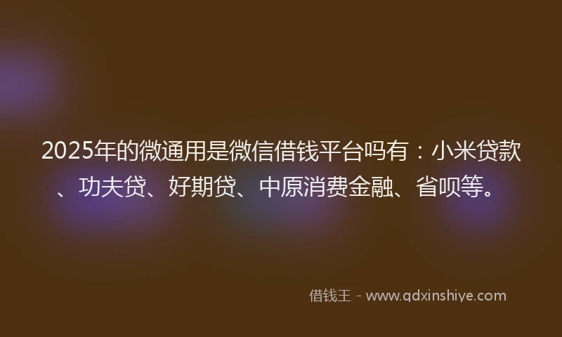2025年的微通用是微信借钱平台吗有：小米贷款、功夫贷、好期贷、中原消费金融、省呗等。