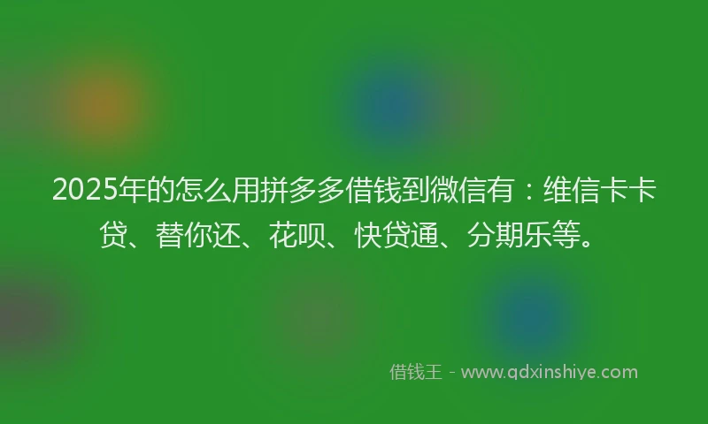 2025年的怎么用拼多多借钱到微信有：维信卡卡贷、替你还、花呗、快贷通、分期乐等。