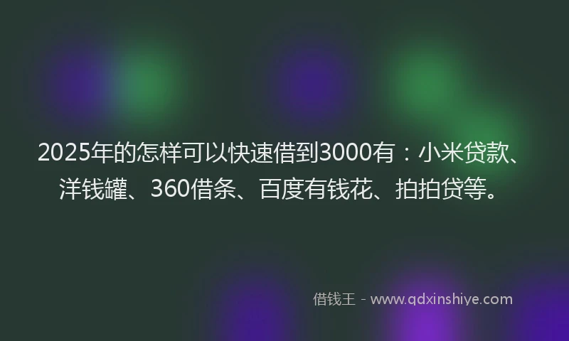 2025年的怎样可以快速借到3000有：小米贷款、洋钱罐、360借条、百度有钱花、拍拍贷等。