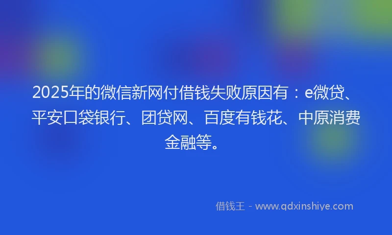 2025年的微信新网付借钱失败原因有：e微贷、平安口袋银行、团贷网、百度有钱花、中原消费金融等。