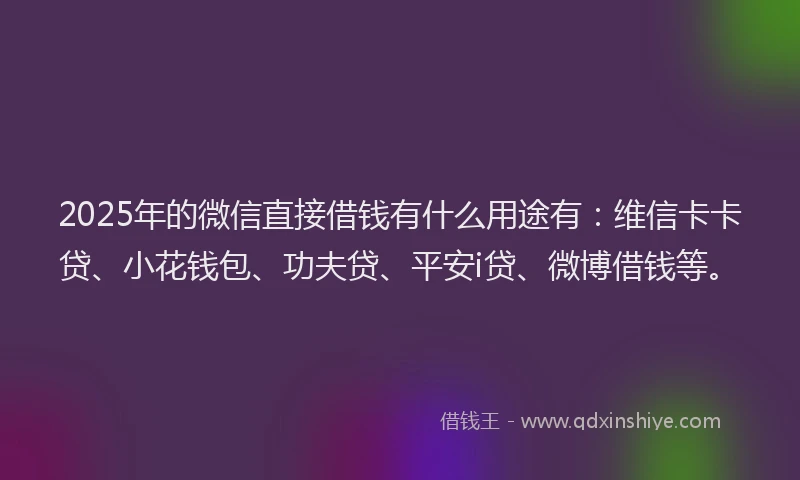2025年的微信直接借钱有什么用途有：维信卡卡贷、小花钱包、功夫贷、平安i贷、微博借钱等。