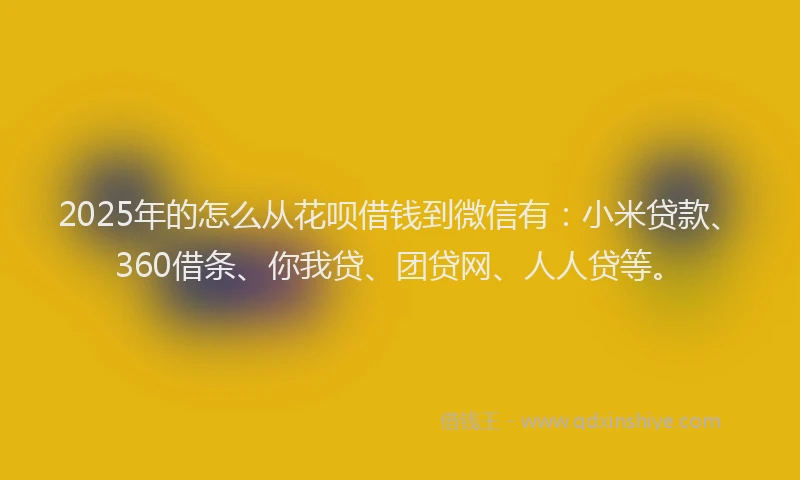 2025年的怎么从花呗借钱到微信有：小米贷款、360借条、你我贷、团贷网、人人贷等。