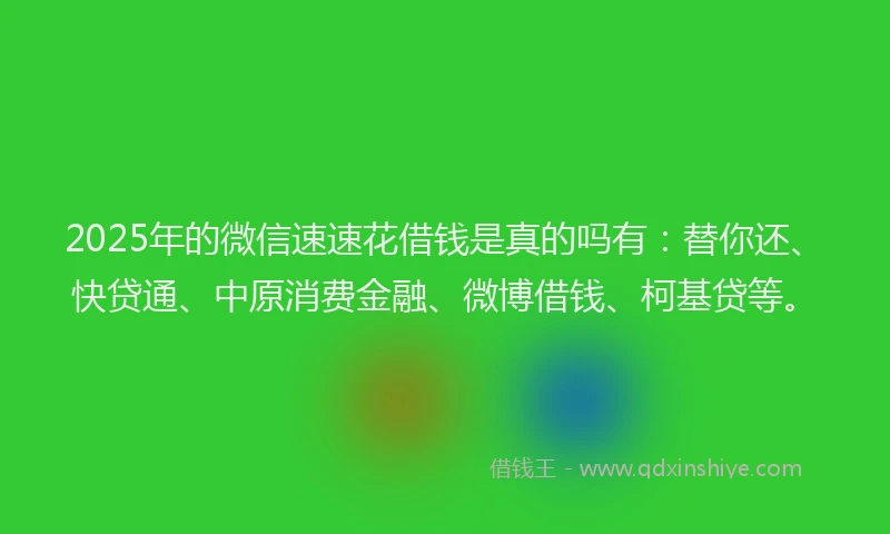 2025年的微信速速花借钱是真的吗有：替你还、快贷通、中原消费金融、微博借钱、柯基贷等。