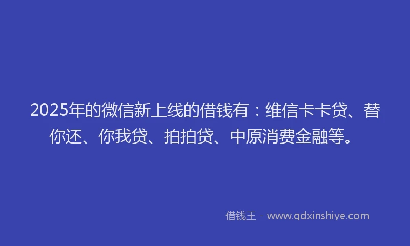 2025年的微信新上线的借钱有：维信卡卡贷、替你还、你我贷、拍拍贷、中原消费金融等。