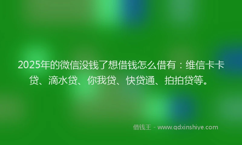 2025年的微信没钱了想借钱怎么借有：维信卡卡贷、滴水贷、你我贷、快贷通、拍拍贷等。