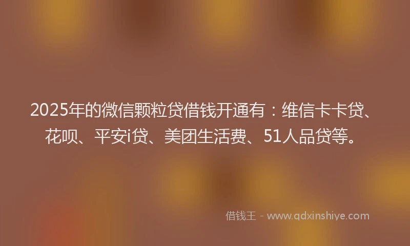 2025年的微信颗粒贷借钱开通有：维信卡卡贷、花呗、平安i贷、美团生活费、51人品贷等。