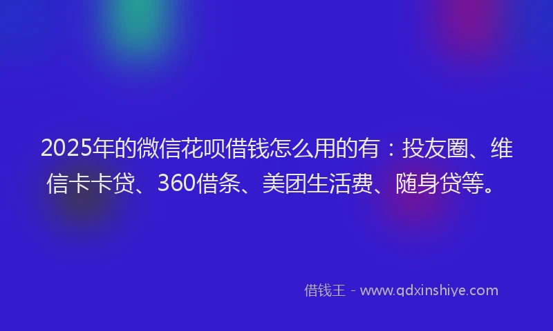 2025年的微信花呗借钱怎么用的有：投友圈、维信卡卡贷、360借条、美团生活费、随身贷等。