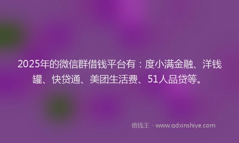 2025年的微信群借钱平台有：度小满金融、洋钱罐、快贷通、美团生活费、51人品贷等。