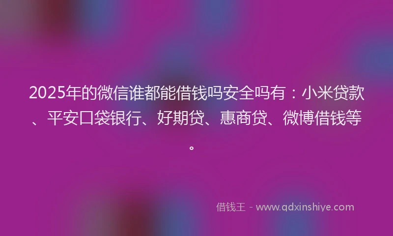 2025年的微信谁都能借钱吗安全吗有：小米贷款、平安口袋银行、好期贷、惠商贷、微博借钱等。