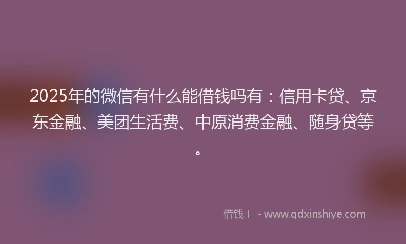 2025年的微信有什么能借钱吗有:信用卡贷、京东金融、美团生活费、中原消费金融、随身贷等。