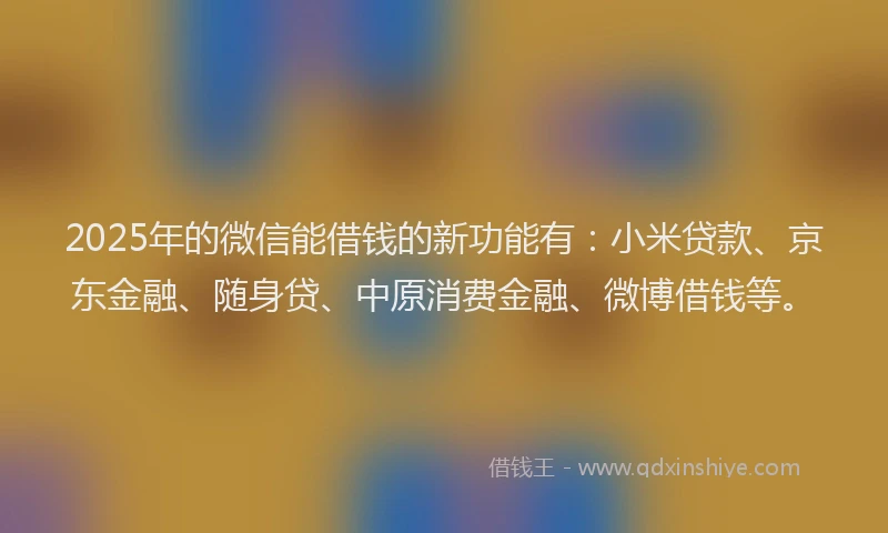 2025年的微信能借钱的新功能有：小米贷款、京东金融、随身贷、中原消费金融、微博借钱等。