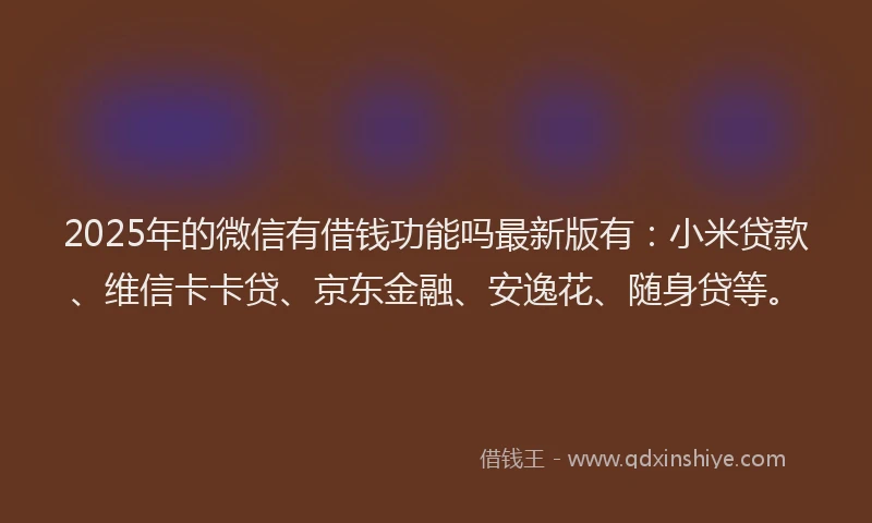 2025年的微信有借钱功能吗最新版有：小米贷款、维信卡卡贷、京东金融、安逸花、随身贷等。