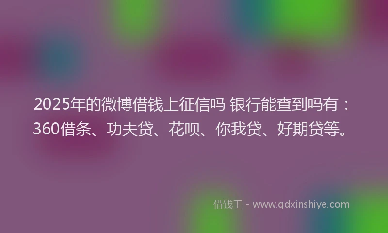 2025年的微博借钱上征信吗 银行能查到吗有：360借条、功夫贷、花呗、你我贷、好期贷等。